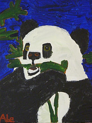 Painting of a panda eating leaves